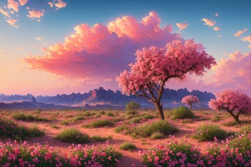 Naklejka na ściany i meble 神秘の夕日：砂漠の花々が輝く幻想の世界 - Generative AI 6