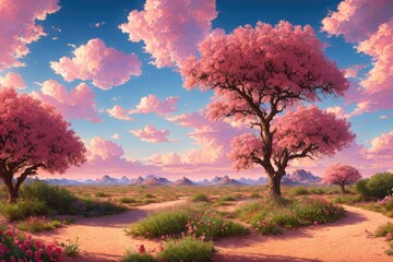 Obraz na płótnie Canvas 神秘の夕日：砂漠の花々が輝く幻想の世界 - Generative AI 9