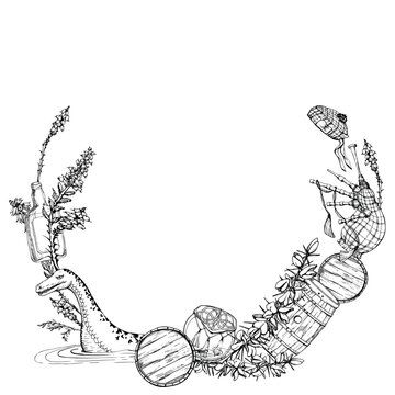Ink hand drawn vector graphic sketch illustration. Scotland symbols circle wreath. Whisky tartan bagpipe heather scotch broom flower loch ness. Design for tourism, travel, wedding, print, fabric, card