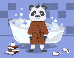 Self-care interior illustration with panda washing in bathroom with foam and bubbles