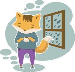 Fox is staying with coffee cup at home in rainy day near window
