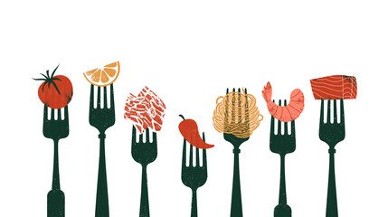 Forks with various food. Tomatoes with lemon and shrimp with pepper and salmon. Horizontal food design template. 