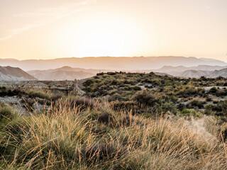 Great view of the Tabernas Desert (Spanish: Desierto de Tabernas) is one of Spain's semi-arid deserts, province of Almería. Almeria, Andalucia, Spain
