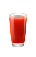 Realistic tomato juice in a glass. Design element for food and beverages.