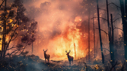 double exposure of a forest and forest fire blazing, with wildlife running away. Generative Ai
