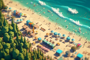 3d isometric anime green beaches with sandy shores, water waves, people enjoying in the sunset beach. Generative Ai