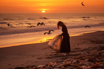 Fototapeta na wymiar A woman is cleaning the sea