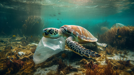 Plastic pollution in the ocean around the turtle