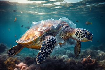Plastic pollution in the ocean around the turtle