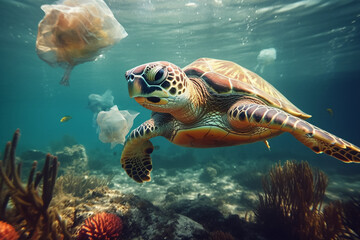 Fototapeta premium Plastic pollution in the ocean around the turtle