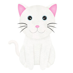 White Cat Sit Watercolor Illustration
