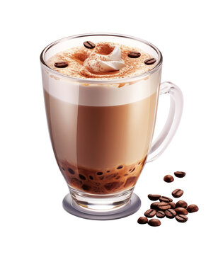 Glass cup with mocha coffee next to coffee beans  on a cutout PNG transparent background. Generative AI