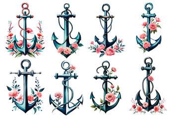 Watercolor anchor set on transparent background. Generative Ai - obrazy, fototapety, plakaty