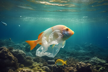 fish caught in a plastic bag in the sea