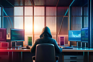  hacker sitting at his desk with all his computer monitors