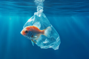 fish caught in a plastic bag in the sea