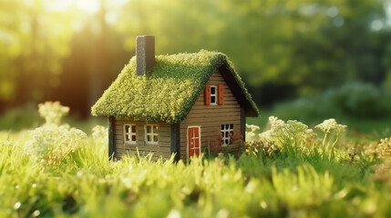 Fototapeta na wymiar Green and environmentally friendly housing concept. Miniature wooden house in spring grass. Eco house