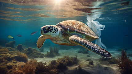 Plastic pollution in the ocean around the turtle