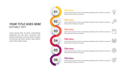 Editable Circle Workflow Infographics From 1 Up to 6 Steps on a 16:9 Ratio Layout for Business Presentations, Planning, Management, and Evaluation.