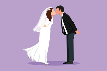 Graphic flat design drawing romantic married couple in love and kissing. Happy man wearing suit and pretty woman with wedding dress celebrating wedding anniversary. Cartoon style vector illustration