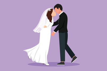 Cartoon flat style drawing beautiful woman and man stand in love and kiss each other in wedding celebration. Young married couple lovers kissing with wedding dress. Graphic design vector illustration
