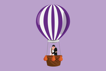 Cartoon flat style drawing love kissing married couple in hot-air balloon in sky, clouds, amorous relationship. Romantic man and beauty woman on road trip journey. Graphic design vector illustration