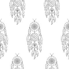 Seamless pattern with hand drawn dreamcatcher with spiderweb, threads, beads and feathers in boho style. Black on white background.