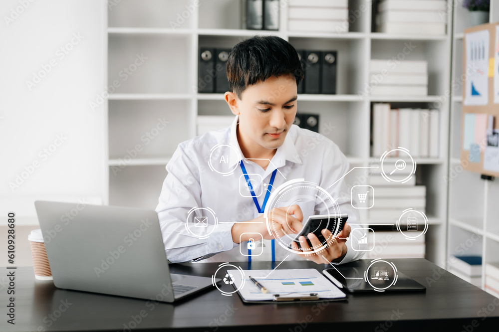 Poster businessman working with laptop computer and smart phone on desk in office with virtual icon diagram