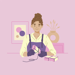 Female soap maker holds handmade soap in her hands.