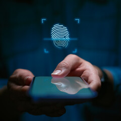 Close Up Of Woman Using Mobile Phone With Biometric Fingerprint Scan Overlay
