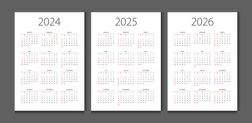 Calendar 2024, calendar 2025, calendar 2026 week start Sunday corporate design planner template.