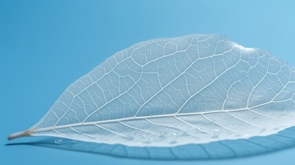 Transparent white leaf on blue background. Generative AI.