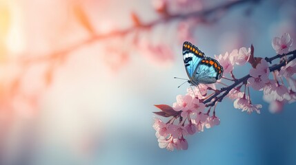 Butterfly on a branch of cherry blossom. Generative AI.