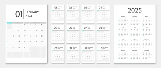 Calendar 2024, calendar 2025 week start Sunday corporate design template vector. Desk calendar 2024. - 610930224