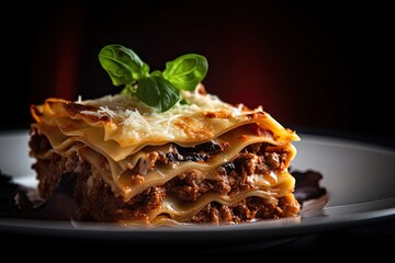 Lasagna with tomato sauce and basil. Generative AI.