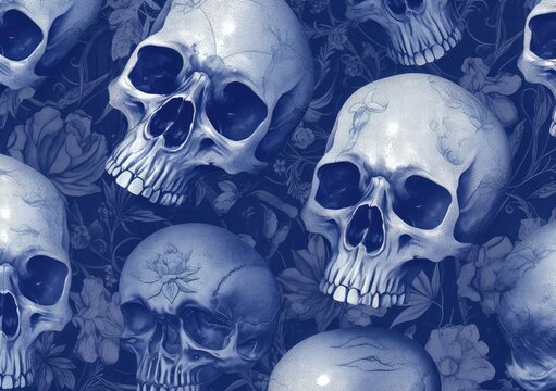 Human skull pattern in the blue background. Generative AI.