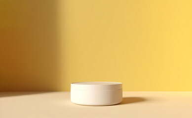 Round white empty podium on yellow background, ai generation