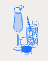 Mimosa, Mojito, and a short drink. Line art, retro. Vector illustration for bars, cafes, and restaurants.
