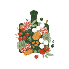 Italian style charcuterie board. Assortment of appetizers. Antipasti board.