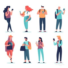 Fototapeta premium People holding, using mobile phones set. Characters with smartphones in hands. Men, women use cellphones, surfing internet, chatting. Flat graphic vector illustrations