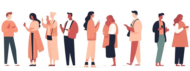 People holding, using mobile phones set. Characters with smartphones in hands. Men, women use cellphones, surfing internet, chatting. Flat graphic vector illustrations