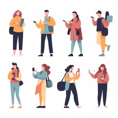 Obraz premium People holding, using mobile phones set. Characters with smartphones in hands. Men, women use cellphones, surfing internet, chatting. Flat graphic vector illustrations