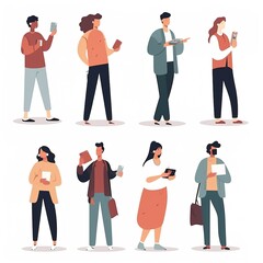 Obraz premium People holding, using mobile phones set. Characters with smartphones in hands. Men, women use cellphones, surfing internet, chatting. Flat graphic vector illustrations