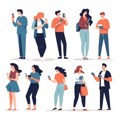 Obraz premium People holding, using mobile phones set. Characters with smartphones in hands. Men, women use cellphones, surfing internet, chatting. Flat graphic vector illustrations