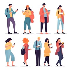 Obraz premium People holding, using mobile phones set. Characters with smartphones in hands. Men, women use cellphones, surfing internet, chatting. Flat graphic vector illustrations
