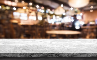 stone board empty table in abstract blurred cafe background