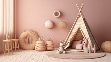 3D Children's Room with Wooden Teepee and Assorted Toys, in the style of texture-rich, minimalist backgrounds, pink, nostalgic subjects, 3D realism