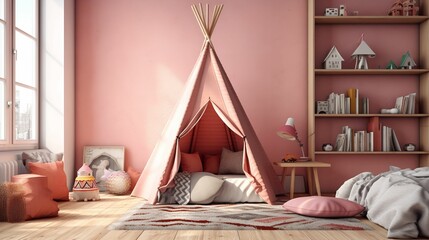 3D Children's Room with Wooden Teepee and Assorted Toys, in the style of texture-rich, minimalist backgrounds, pink, nostalgic subjects, 3D realism