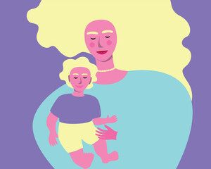 Modern natural mom and son or woman with baby, flat vector stock illustration