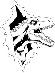 Outlined Utahraptor Dinosaur Breaks The Paper Graphic Design. Vector Hand Drawn Illustration Isolated On Transparent Background